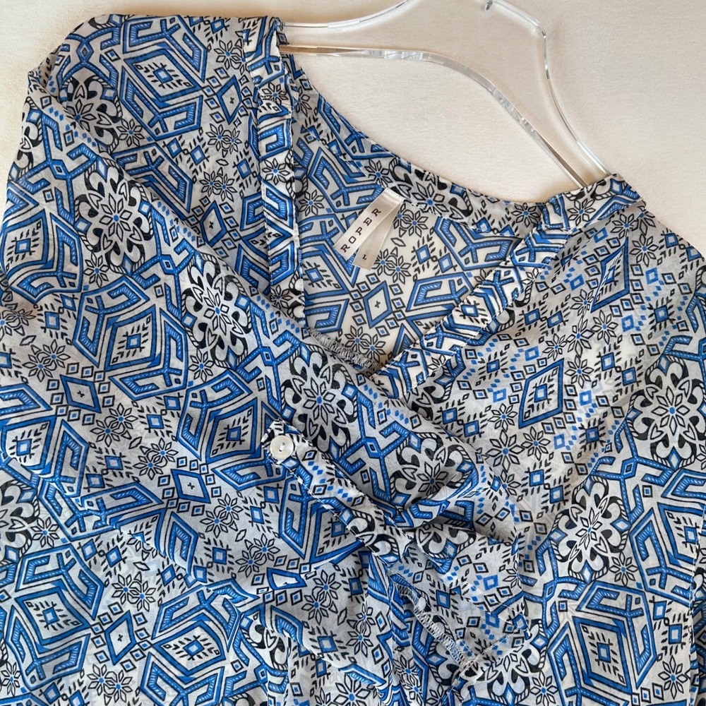 Roper Tunic Top‎ Blouse Blue Geometric Print 3/4 Sleeve Button Tab Womens